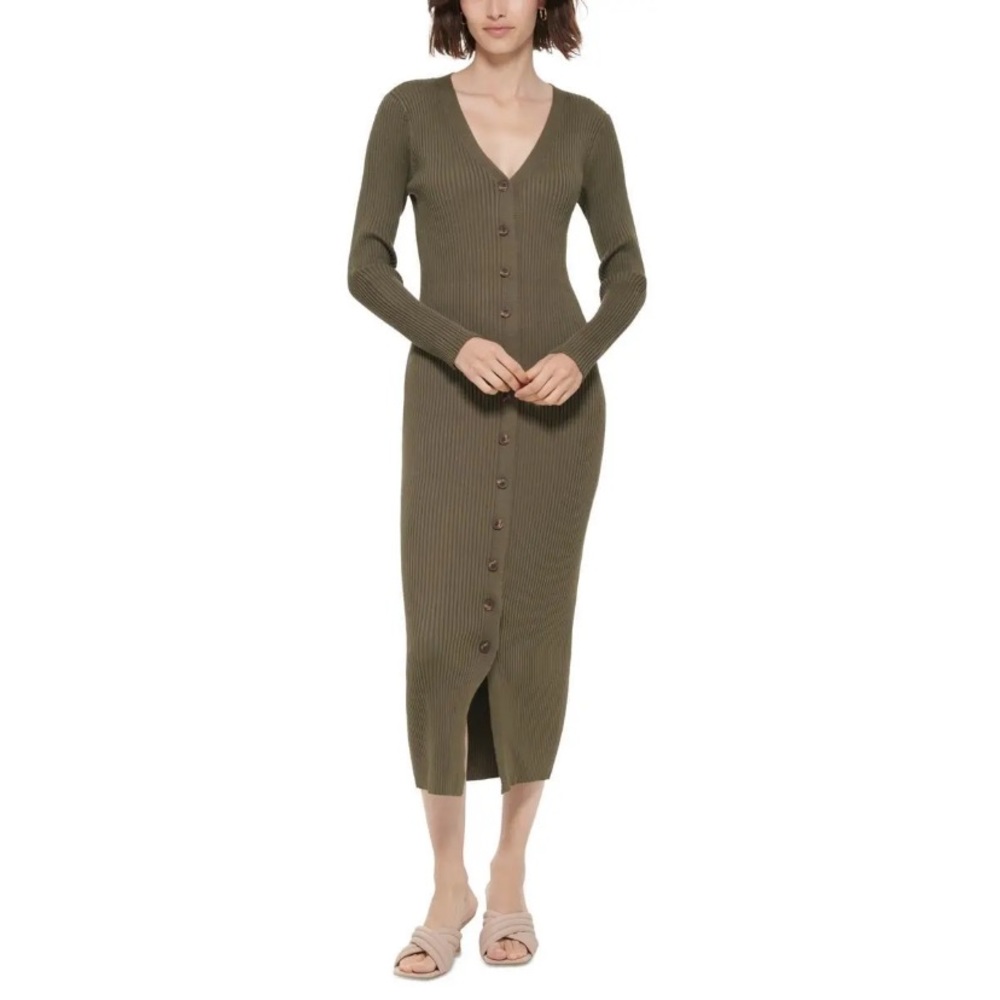 Ribbed women’s sweater dress green olive sweater dress long sleeves button up